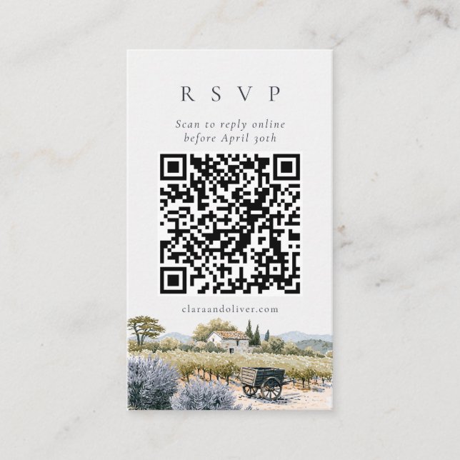Französische Provence-Weingut-Hochzeit QR-Code-RSV Begleitkarte (Vorderseite)