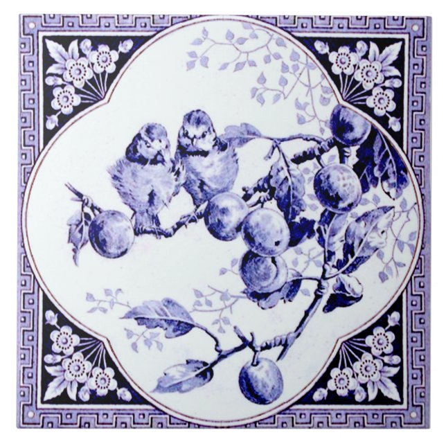 Französische Quatrefolie Gerahmt Blue Birds Antiqu Fliese (Vorderseite)