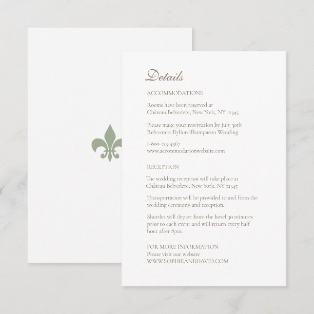 Französische Regency Green Lilie Wedding Details Begleitkarte (Vorne/Hinten)