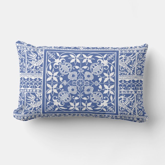 Französische Renaissance-blaue weiße Lendenkissen (Vorderseite)