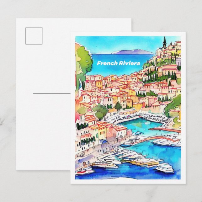 Französische Riviera Kunst, Vintage Illustration Postkarte (Vorne/Hinten)