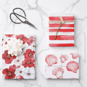 Französische Riviera Rote Blumen Streifen Muscheln Geschenkpapier Set