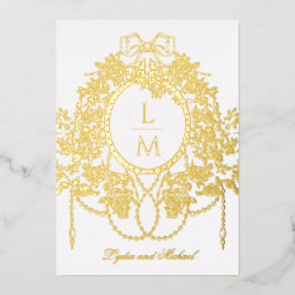 Französische Rococo-Goldfolie-Rosen-Monogramm-Hoch Folieneinladung