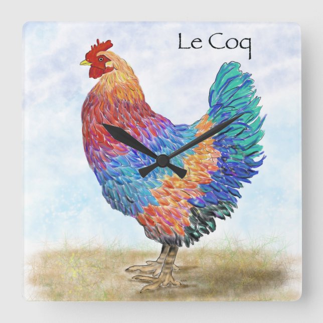 Französische Rooster-Acrylmauer Quadratische Wanduhr (Vorderseite)