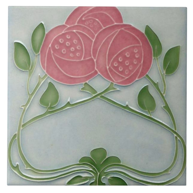 Französische Rose Art Nouveau Pink Blue Fliese (Vorderseite)