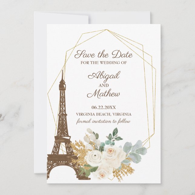 Französische Rose Eiffelturm Hochzeit rettet das D Save The Date (Vorderseite)