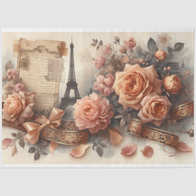 Französische Rose Eiffelturm Romantik Dekoupage Seidenpapier (Vorderseite)