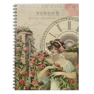 Französische Schönheit mit Blumen-Zeitschrift Notizblock