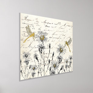 Französische Schrift Wildblumen Libelle Wiese Vint Foliendrucke