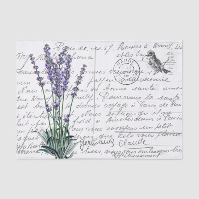 Französische Script-Lavendel Vintag Bird-Postkarte Seidenpapier (Vorderseite)