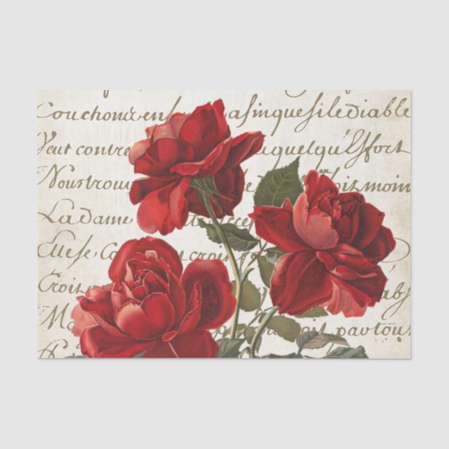 Französische Script-Rote Rose Blumenmuster Vintage Seidenpapier (Vorderseite)