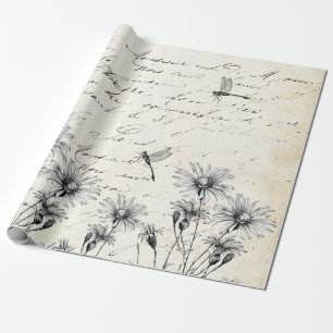 Französische Script-Wildblume Dragonfly Decoupage  Geschenkpapier