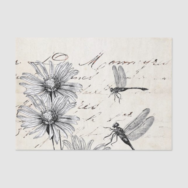 Französische Script-Wildblume Dragonfly Decoupage  Seidenpapier (Vorderseite)