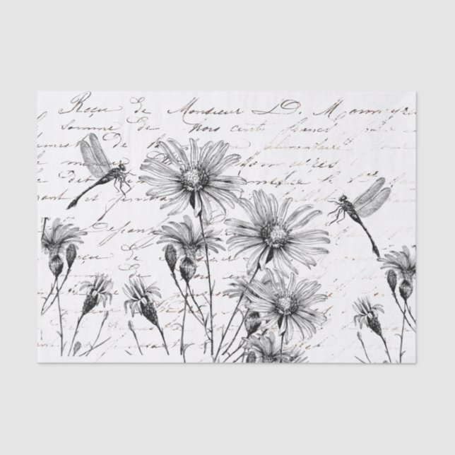 Französische Script-Wildblume Dragonfly Decoupage  Seidenpapier (Vorderseite)