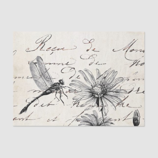 Französische Script-Wildblume Dragonfly Decoupage  Seidenpapier (Vorderseite)