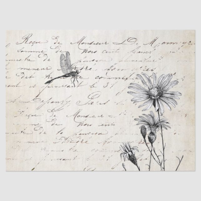 Französische Script-Wildblume Dragonfly Decoupage Seidenpapier (Vorderseite)