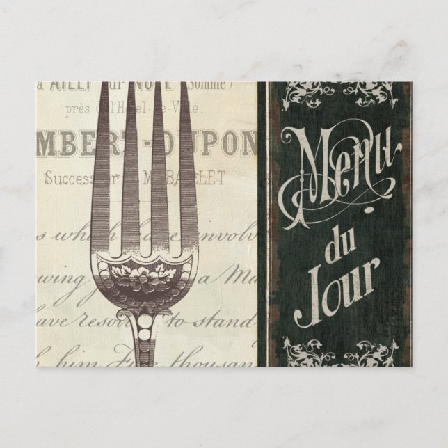 Französische Speisekarte und Gabel Postkarte (Vorderseite)