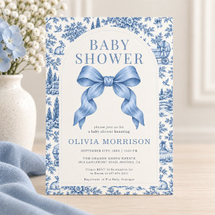 Französische Toile-Blau-Schleifen-Baby-Party für J Einladung