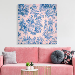 Französische Toile de Jouy blau und elegant rosa Leinwanddruck
