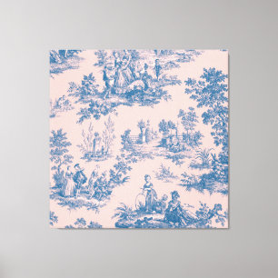 Französische Toile de Jouy blau und elegant rosa Leinwanddruck