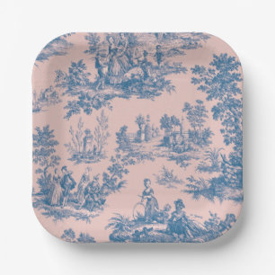 Französische Toile de Jouy blau und elegant rosa Pappteller