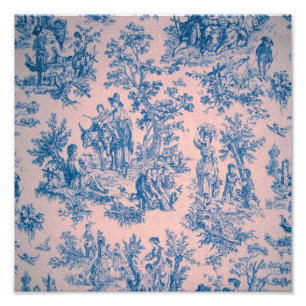 Französische Toile de Jouy blau und rosa elegant Fotodruck