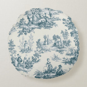 Französische Toile de Jouy in sagem Grün elegant Rundes Kissen
