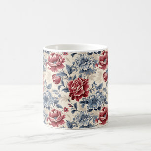 Französische Toile & Toile de Jouy blaue und rote Kaffeetasse