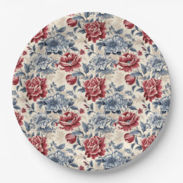 Französische Toile & Toile de Jouy blaue und rote  Pappteller