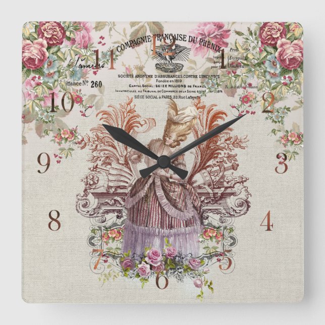 Französische Vintage Dame mit Rose Quadratische Wanduhr (Vorderseite)