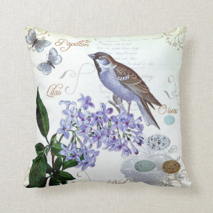 Französische Vogel-Blumencollagen-Vintager Blick Kissen