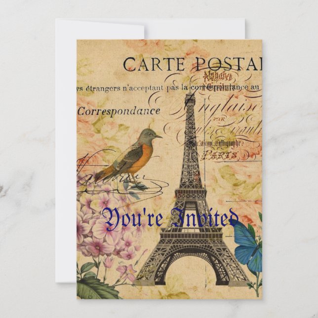 Französische Vogel Paris Eiffelturm Einladung (Vorderseite)