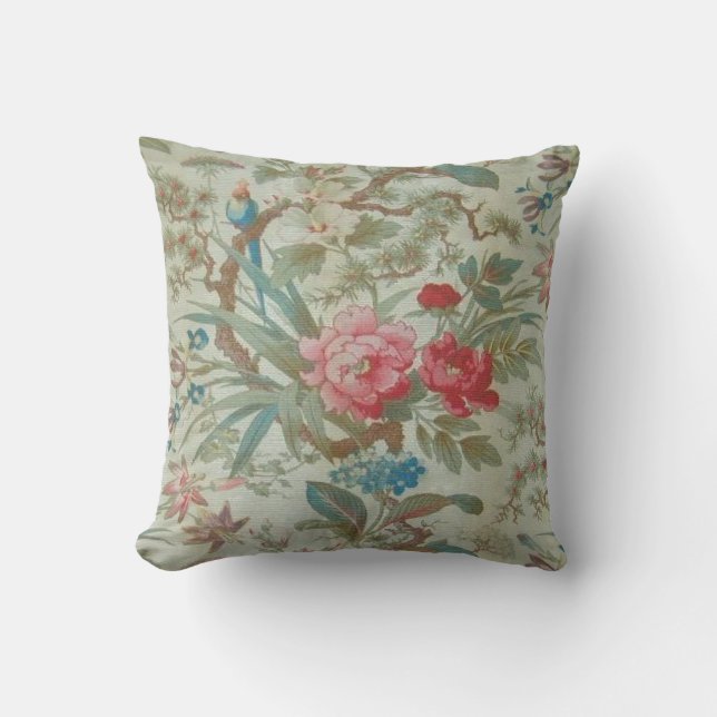 Französischer antiker Toile Vogel und Blumen Kissen (Vorderseite)