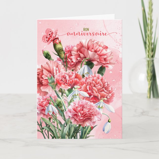 Französischer Bon Anniversaire Rosa Nelken Geburts Karte (Vorderseite)
