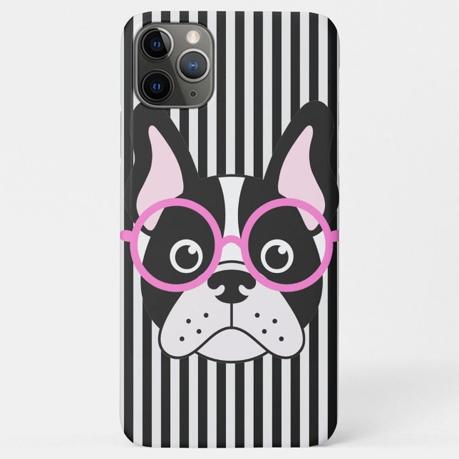 Französischer Bull Dog iPhone / iPad Fall Case-Mate iPhone Hülle (A phone case with a cartoon dog wearing glasses, the dog is black and white with pink ears.)