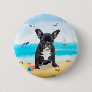 Französischer Bulldog am Strand Button