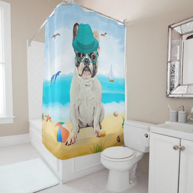 Französischer Bulldog am Strand Duschvorhang (Beispiel)
