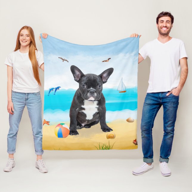 Französischer Bulldog am Strand Fleecedecke (Beispiel)
