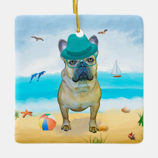 Französischer Bulldog am Strand Keramikornament (Vorderseite)
