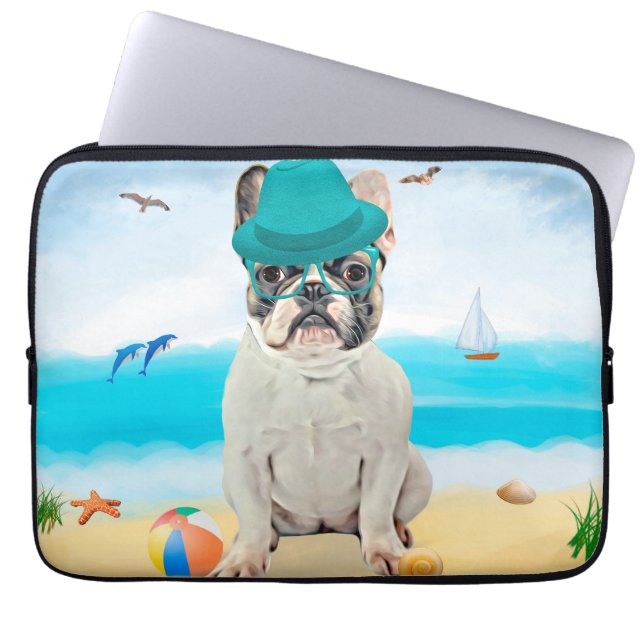 Französischer Bulldog am Strand Laptopschutzhülle (Vorderseite)