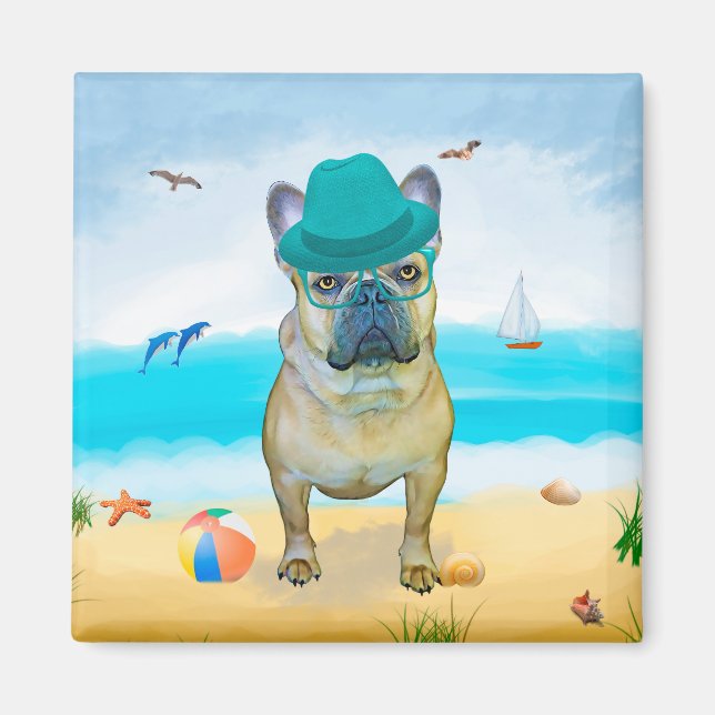 Französischer Bulldog am Strand Magnet (Vorne)