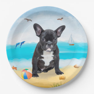 Französischer Bulldog am Strand Pappteller
