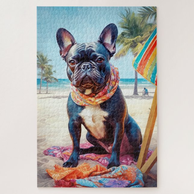 Französischer Bulldog am Strand, Sommergeschenk fü (Vertikal)