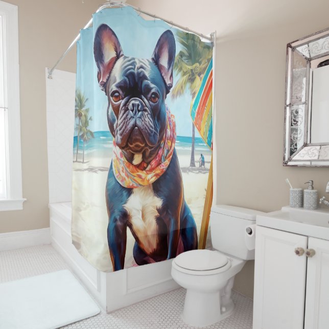 Französischer Bulldog am Strand, Sommergeschenk fü Duschvorhang (Beispiel)