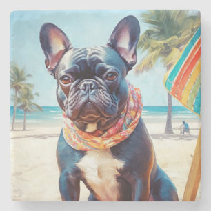 Französischer Bulldog am Strand, Sommergeschenk fü Steinuntersetzer