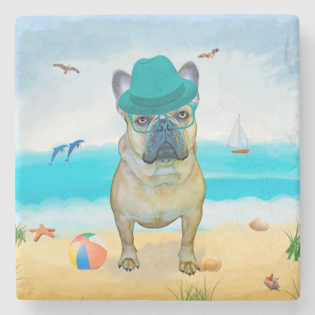 Französischer Bulldog am Strand Steinuntersetzer (Vorderseite)