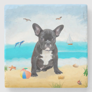 Französischer Bulldog am Strand Steinuntersetzer