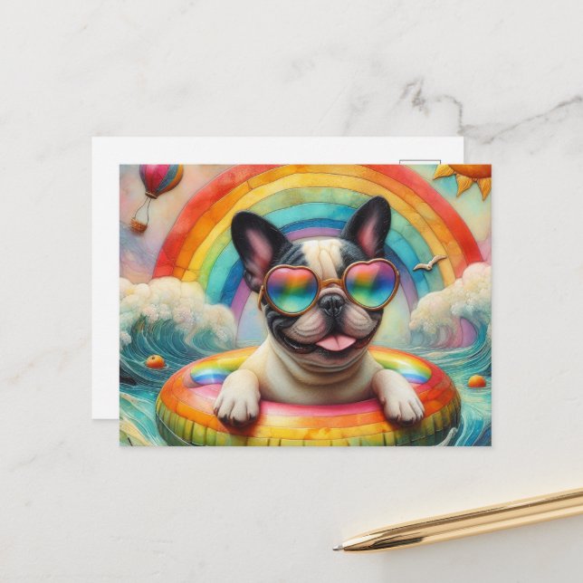 Französischer Bulldog auf einem Regenbogenfarbenfl Postkarte (Vorderseite/Rückseite Beispiel)