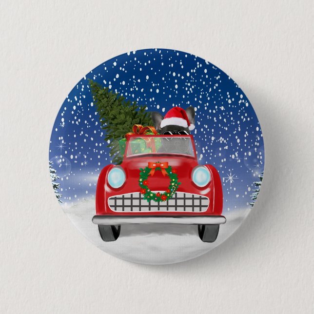 Französischer Bulldog Autofahrer im Schnee Weihnac Button (Vorderseite)