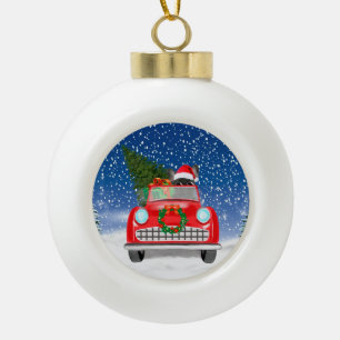 Französischer Bulldog Autofahrer im Schnee Weihnac Keramik Kugel-Ornament